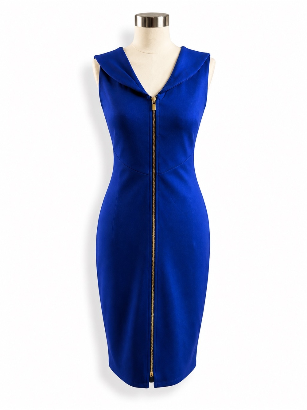 Enfocus Studio Royal Blue Zip Front Sheath Dress Size 4 Gold Hardware